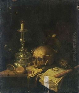 A Vanitas Still Life With A Skull, A Watch, A Candlestick, A Letter, A Music Score, A Flute And A Bottle, Together With Bubbles, All On A Wooden Ledge by Sebastiaen Bonnecroy