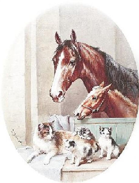 Katze Mit Ihren Jungen Und Stute Mit Fohlen Im Stall - view 1