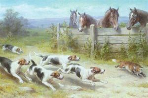 Hundemeute Bei Der Fuchsjagd Nahe Einer Pferdekoppel by Carl Reichert