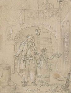 A Blind Violinist With A Girl Collecting Alms by Claude Bonnefond