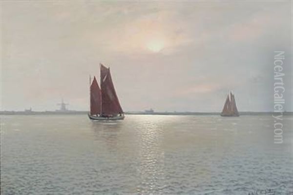 Evening Atmosphere With Fishing Boats At Sea Off A Coast - view 1