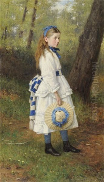 Portrait Of A Young Girl, Standing In A Sunlit Glade, Wearing A Cream Dress With Blue And White Ribbons, Holding A Bonnet In Her Right Hand - view 1