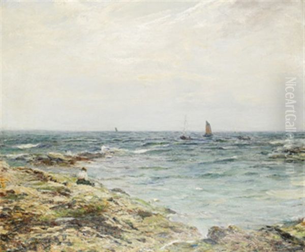 Vantan - Kustlandskap Med Batar Och Kvinna - view 1