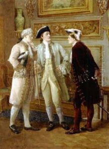 Interior With Three Young Gentlemen Standing By A Chimney Piece by George Ogilvy Reid