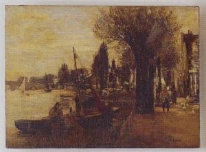 Harbor Scene Depicting People Walking Past Buildings, Sailboats And Bridge In The Background by John Robertson Reid