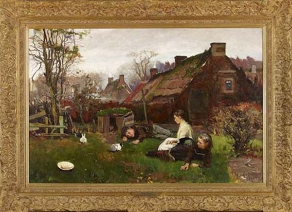 Country Village View Of Children Playing With Rabbits - view 1