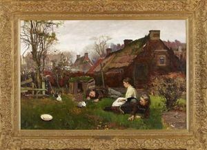 Country Village View Of Children Playing With Rabbits by Robert Payton Reid