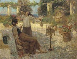 Spinning Wool Under A Flowering Italianate Pergola by Robert Payton Reid