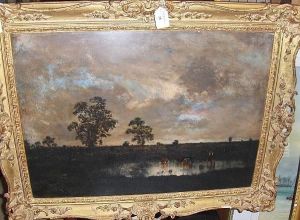 Cattle Watering By A Pool At Twilight by Georges Bonnemaison