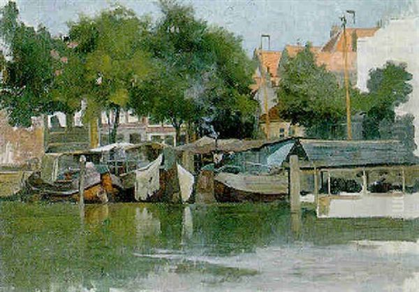 Barges On A Sunlit Canal, Amsterdam - view 1