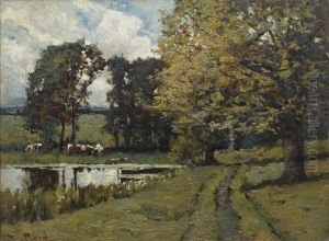 Cattle Grazing By A Woodland Pool by Samuel Reid