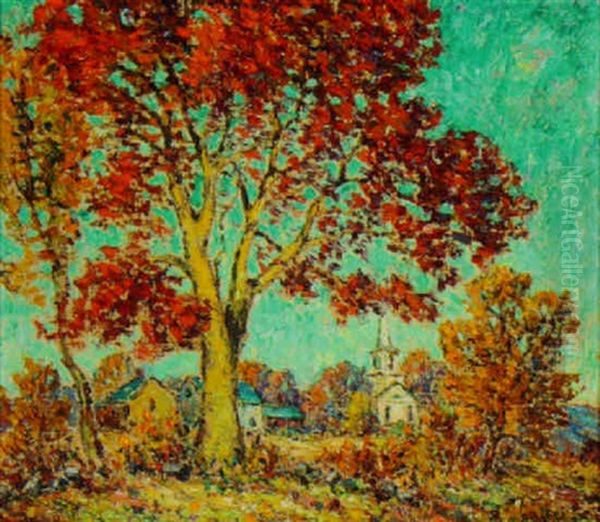New England Autumn Landscape With Church - view 1