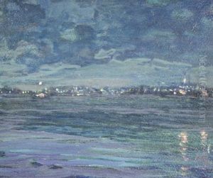Coastal Nocturnal Scene (+ Old Maddochs Wharf, Boothbay Harbor, Maine, September 1923, Graphite, Lrgr; 2 Works) by Charles Reiffel