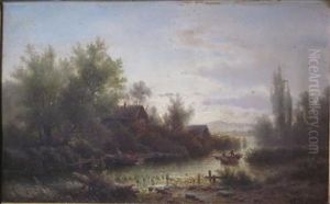 River Landscape With Figures In A Barge