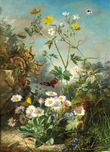 Daisies, Buttercups, And Forget-me-nots On A Forest Floor, With Butterflies