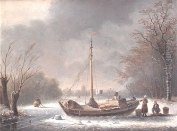 Figures By A Houseboat In A Frozen River Landscape - view 1