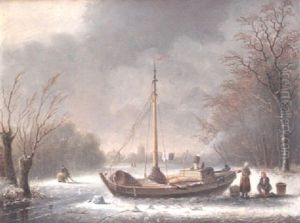 Figures By A Houseboat In A Frozen River Landscape by Izaac Reijnders