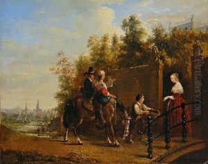 Bettelmusikanten Zu Pferd, Von Einer Jungen Dame Mit Einem Almosen Fur Ihre Darbietung Belohnt Bettelmusikanten Zu Pferd, Von Einer Jungen Dame Mit Einem Almosen Fur Ihre Darbietung Belohnt