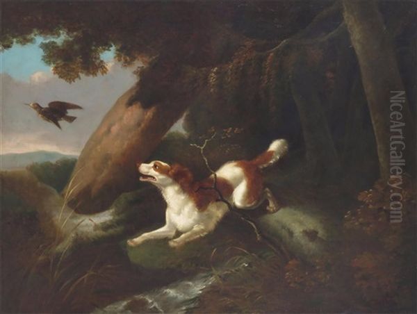 A Spaniel Chasing A Woodcock In A Wood, A Hunter Beyond - view 1