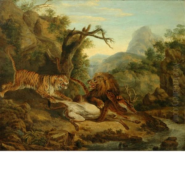 A Lion And A Tiger Fighting Over A Stag - view 1
