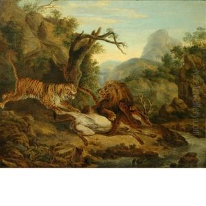 A Lion And A Tiger Fighting Over A Stag by Philipp Reinagle