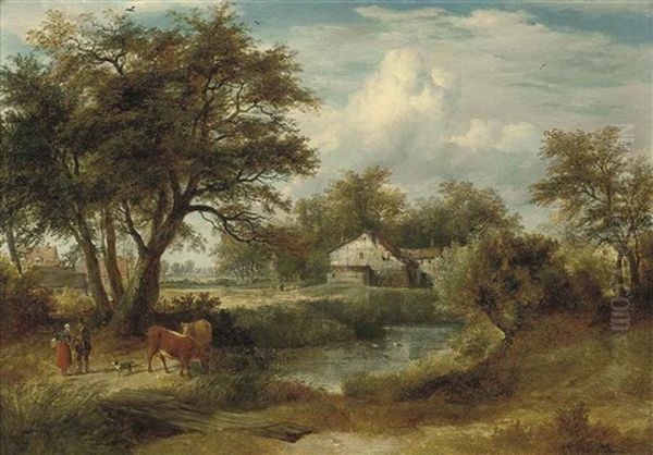 A Wooded River Landscape, Two Figures With Their Cattle Conversing By A Bridge, A Cottage Beyond - view 1
