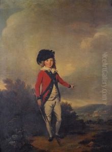Portrait Of John Windham Dalling As A Young Boy, Dressed In The Uniform Of A Militiaman, Holding A Rifle, Standing In A Landscape And Pointing To A Military Exercise Between Redcoats In The Distance