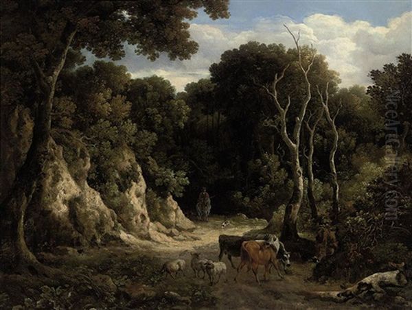 A Wooded Landscape With Cattle And Sheep - view 1