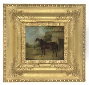 A Bay Horse Outside A Stable, In A Landscape