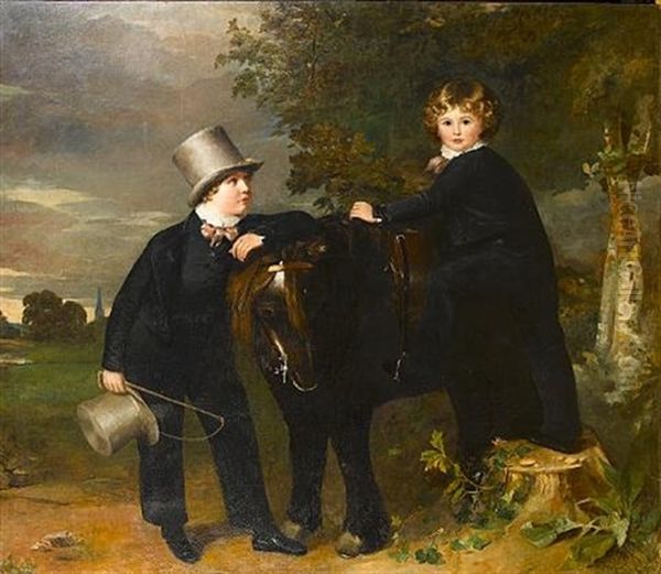 Portrait Of Two Boys With Their Pet Pony, In A Wooded Landscape - view 1