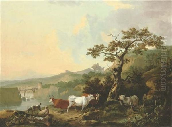 A River Landscape With Livestock And A Rustic Couple, A Wagon On The Road Beyond - view 1