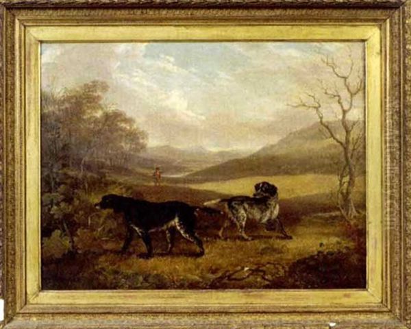 Two Spaniels And A Hunter In An Extensive Landscape - view 1