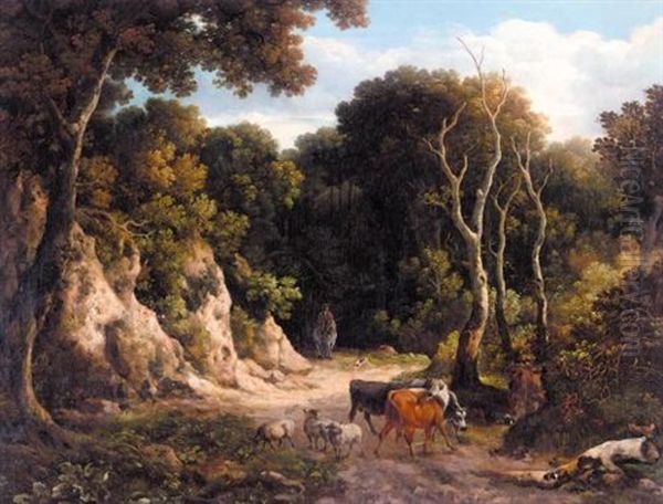 A Wooded Landscape With Cattle And Sheep On A Path With A Herdsman - view 1