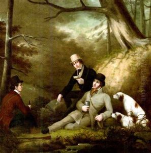 Sportsmen Taking Lunch By A Stream, In A Woodland Setting (+ A Sportsman Out Shooting With His Spaniels In The Woods; 2 Works) by Philipp Reinagle