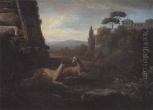 A Pair Of Greyhounds Running In An Arcadian Landscape A Pair Of Greyhounds Running In An Arcadian Landscape