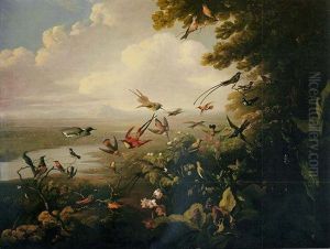Exotic Birds In A Panoramic River Landscape by Philipp Reinagle