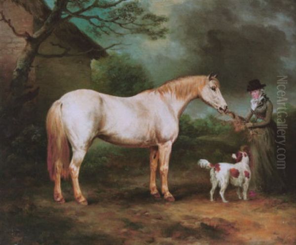 Mrs. Heywood With Her Grey Hunter And A Spaniel In A Landscape - view 1