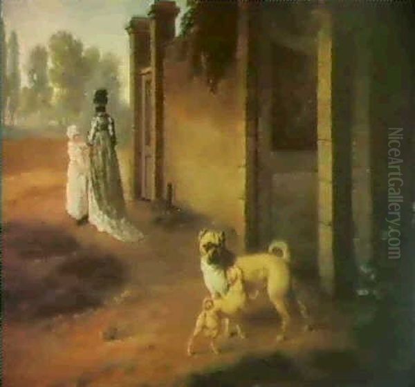 Pug Dog With A Puppy By A Gate With A Lady And Her Child Beyond - view 1