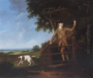 A Gentleman Out Shooting In A Landscape With His Pointer