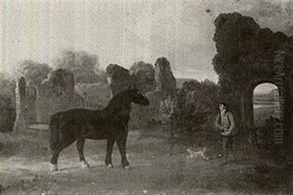 Robin Hood, A Draught Stallionwith A Groom And A Dog At     Jervaux Abbey, North Yorkshire - view 1