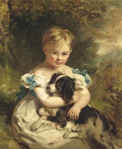 Portrait Of A Young Boy, Full-length, In A White Dress With Blue Bows, Holding A Spaniel, Seated In A Landscape