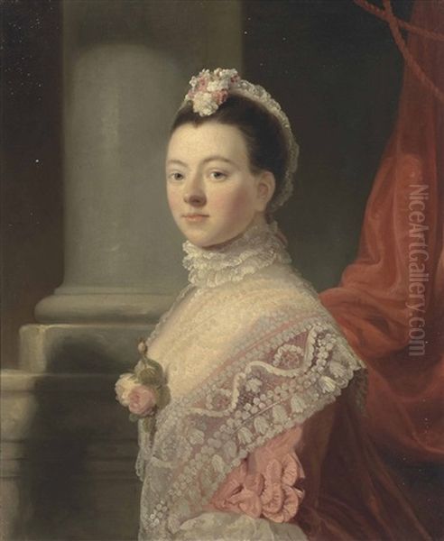 Portrait Of Anne, Lady North (c.1740-1797), Wife Of Frederick North, 2nd Baron North, Three-quarter-length, In A Pink Dress And Lace Shawl With Roses At Her Decolletage, And A Lace Head-dress, By A Column - view 1