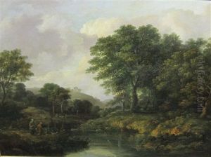 A Wooded River Landscape With Anglers On A Bank by Ramsay Richard Reinagle