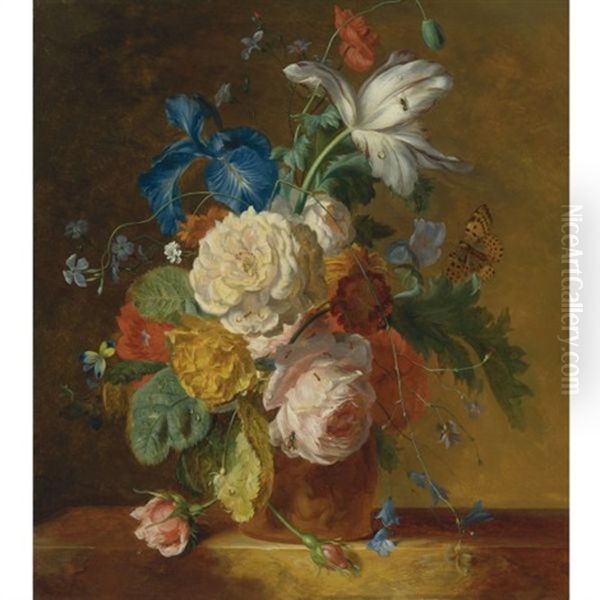 Still Life Of Roses, An Iris, A Tulip And Other Flowers In A Terracotta Vase, Resting On Ledge - view 1