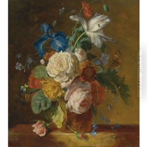Still Life Of Roses, An Iris, A Tulip And Other Flowers In A Terracotta Vase, Resting On Ledge