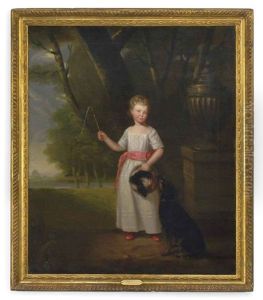 Portrait Of A Young Girl, Standing, In A White Dress With A Pink Sash And Shoes, A Dog By Her Side In A Landscape by Ramsay Richard Reinagle