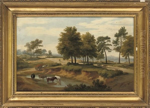 An Extensive Wooded River Landscape With Cattle Watering, Figures On A Path - view 1