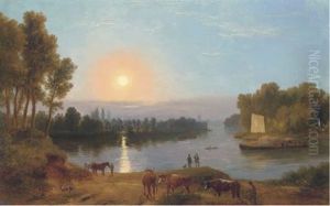 An Extensive River Landscape (the River Thames Looking From Petersham Meadows Towards Richmond Bridge?) by Ramsay Richard Reinagle