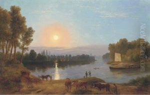 An Extensive River Landscape, With Figures And Cattle In The Foreground (on The River Thames?) Looking From Petersham Meadows Towards Richmond Bridge by Ramsay Richard Reinagle