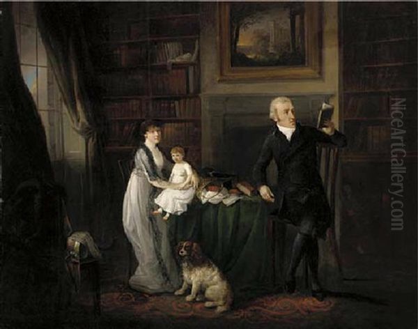 Portrait Of A Family In A Library With Their Dog - view 1